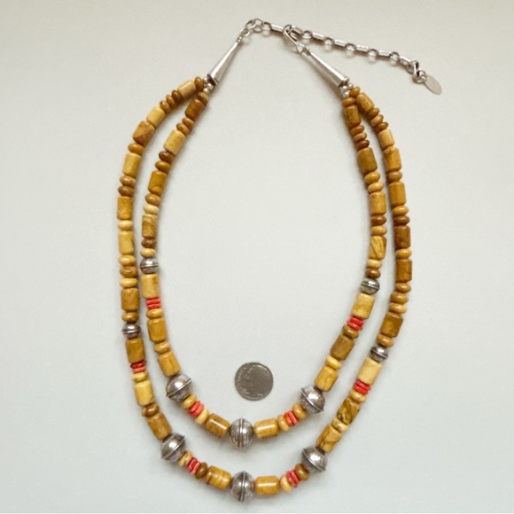 Vintage Running Bear Jasper Wood Red Coral Sterling Silver Bead Necklace - Picture 9 of 12